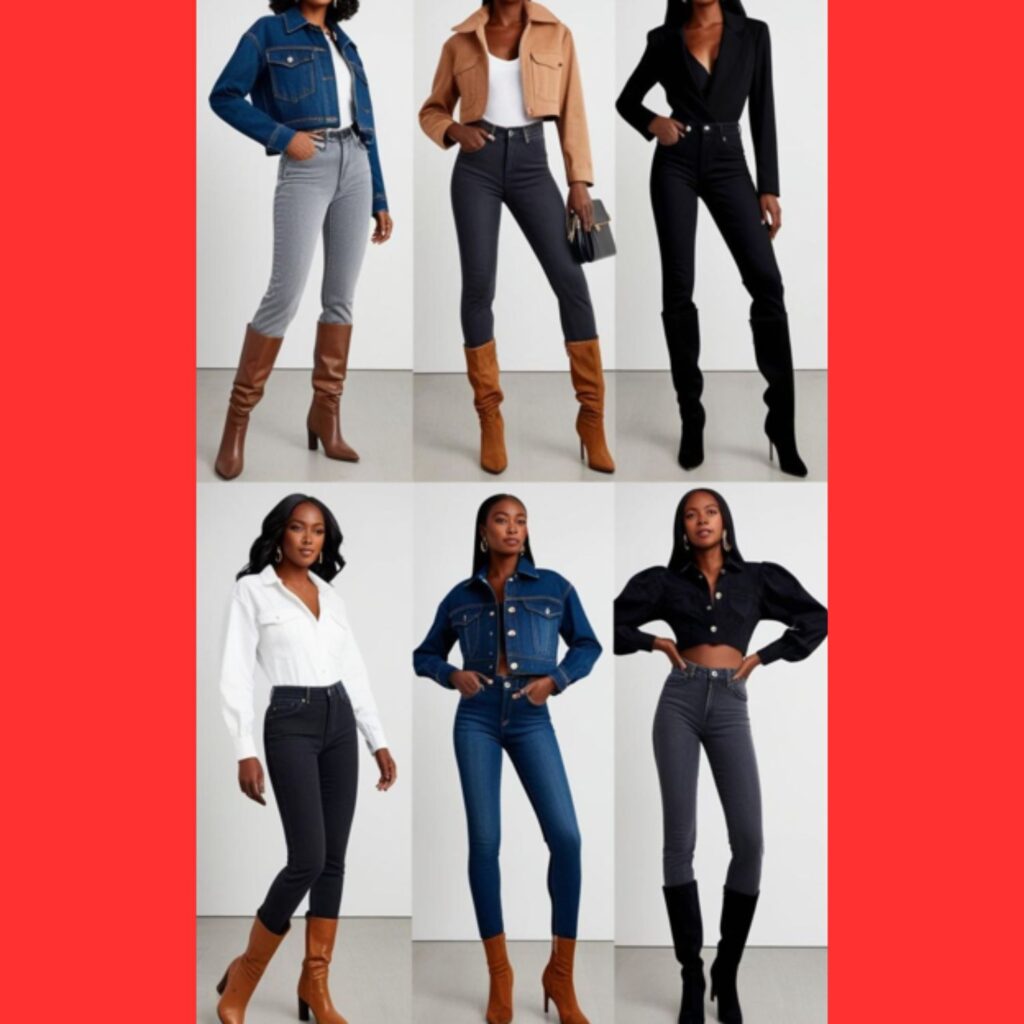 Stylish stunning black women showcasing various boots and jeans outfits, highlighting different boot styles (ankle boots, thigh-high boots) and jean washes (light wash, dark wash, black).