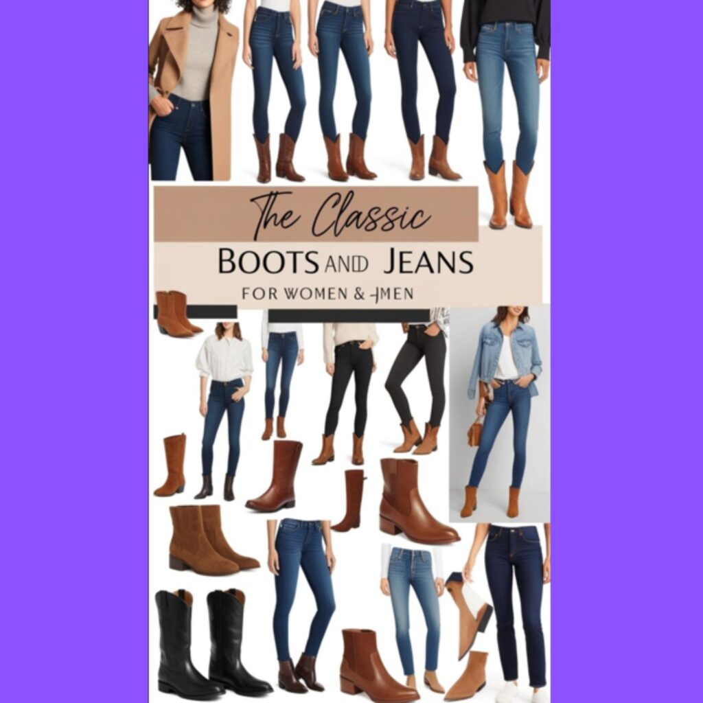 Numerous examples of classic boots and jeans outfits for both women and men, showcasing different boot styles and jean cuts.