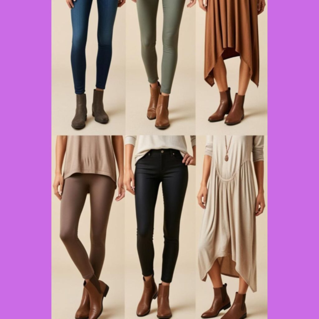Casual and comfortable boots outfits for women, featuring flat ankle boots or riding boots paired with comfortable jeans, leggings, or casual dresses.