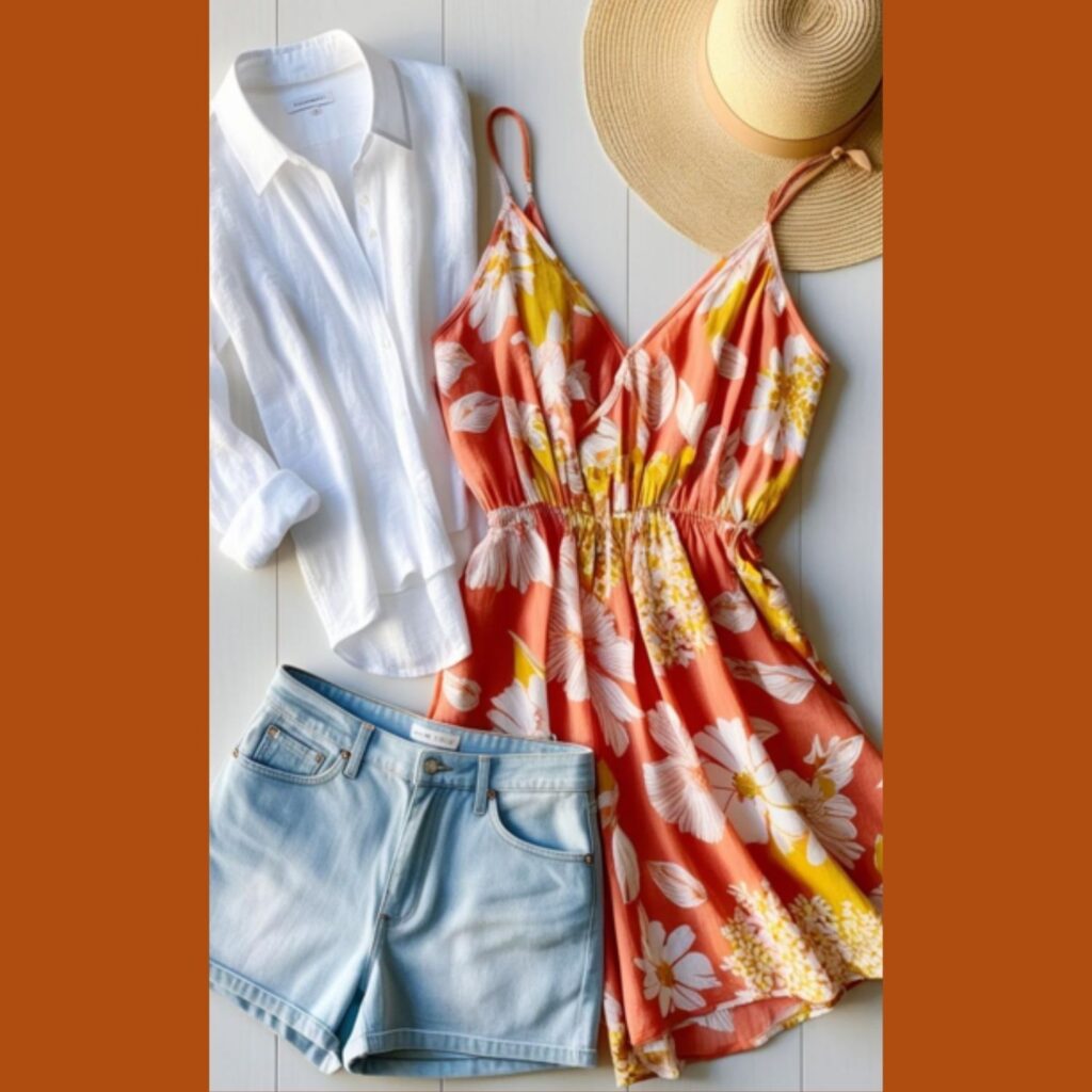 A collection of essential summer capsule wardrobe items laid out, including a linen shirt, denim shorts, a sundress, and a straw hat.