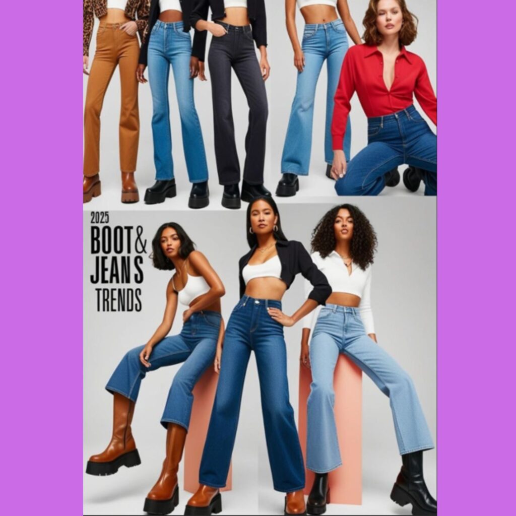 Models showcasing the latest boots and jeans outfit trends from 2025, possibly featuring specific boot styles like chunky platforms or trendy jean cuts like wide-leg.