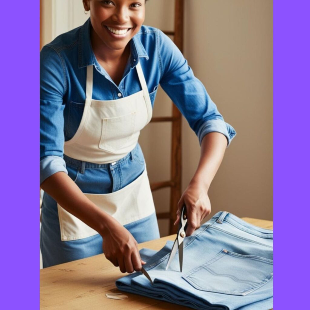 A person cutting off a pair of jeans to make denim shorts.