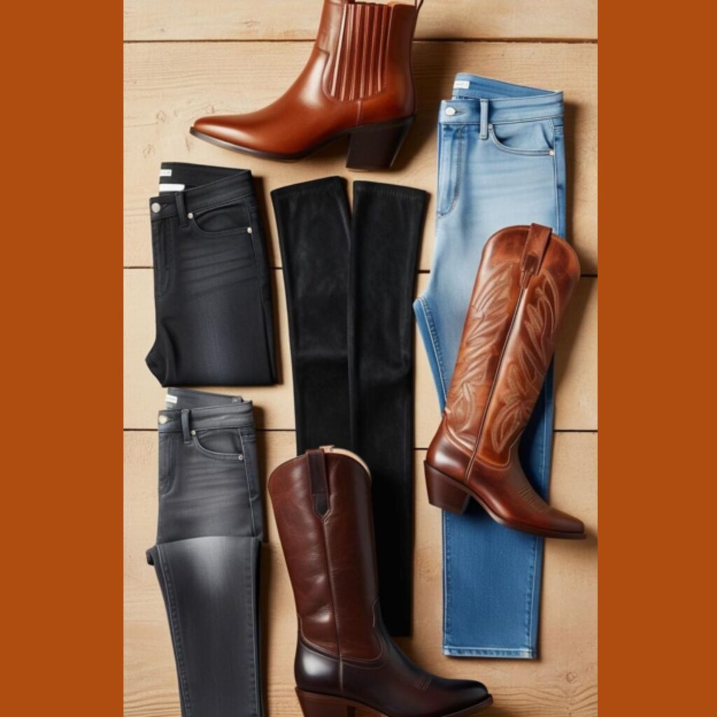 A flat lay showcasing various styles of boots (ankle boots, knee-high boots, cowboy boots) paired with different types of jeans (skinny, straight-leg, bootcut).