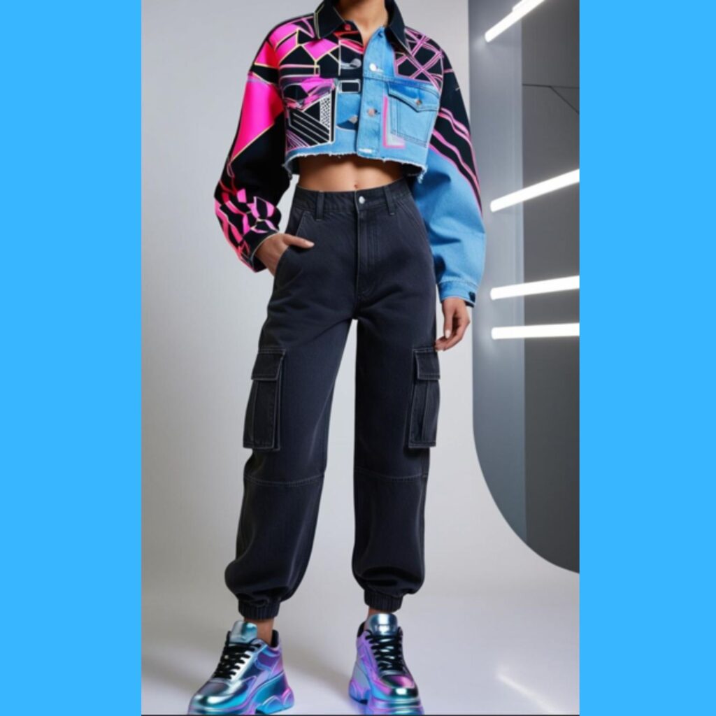 A futuristic denim jacket outfit featuring a cropped denim jacket with bold graphic prints, paired with high-waisted cargo pants and platform sneakers.