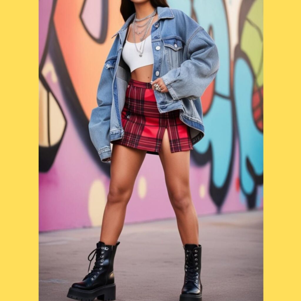 A young lovely woman in an oversized denim jacket with a plaid skirt, combat boots, and layered necklaces, posing against a graffiti wall.