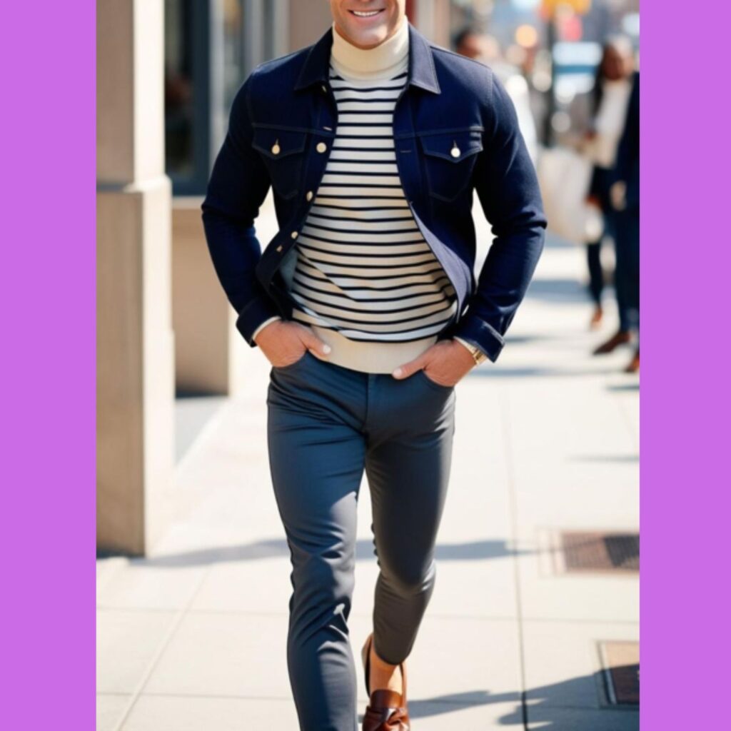 A good looking man wearing a dark blue denim jacket over a striped turtleneck, paired with slim-fit trousers and loafers, walking on a city sidewalk.