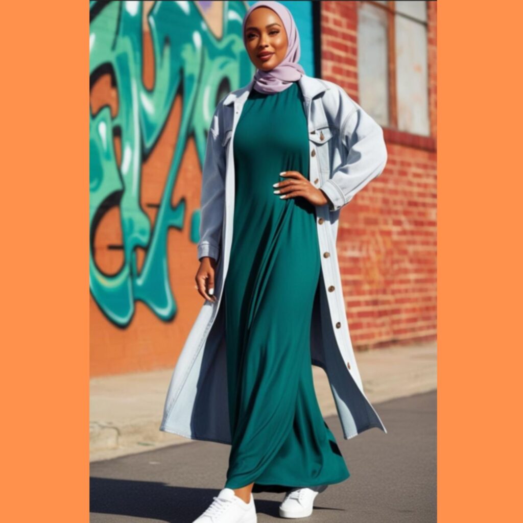 A stunning woman in a long denim jacket over a flowy maxi dress, wearing a pastel hijab and stylish sneakers, posing in an urban setting.