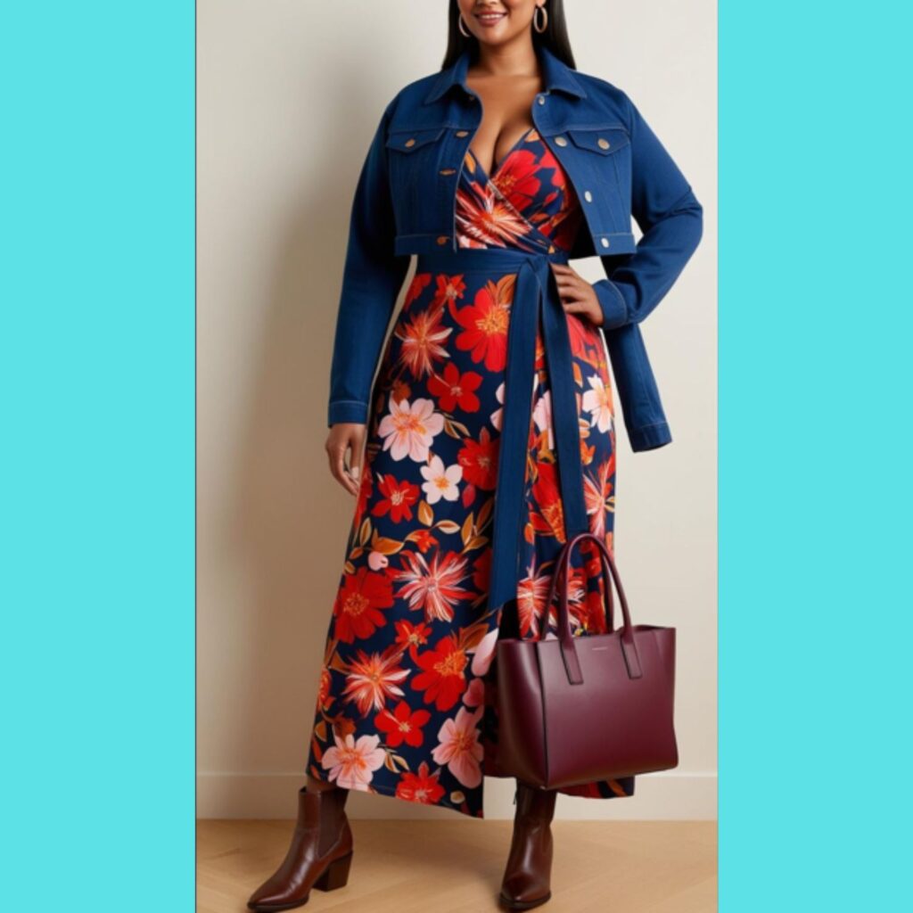 A plus-size woman wearing a belted denim jacket over a floral wrap dress, styled with ankle boots and a statement bag.