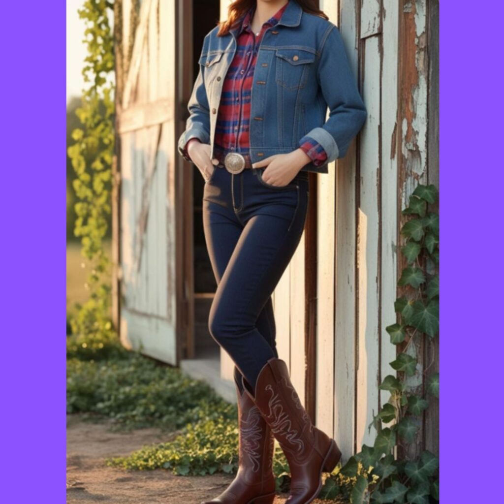 A lovely woman wearing a Western-style denim jacket with a plaid shirt, bootcut jeans, and cowboy boots, standing near a rustic barn.