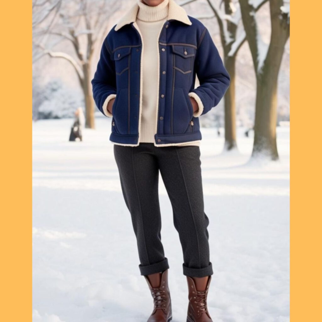 A beautiful woman wearing a fleece-lined denim jacket over a turtleneck sweater, paired with wool trousers and boots, standing in a snowy park.