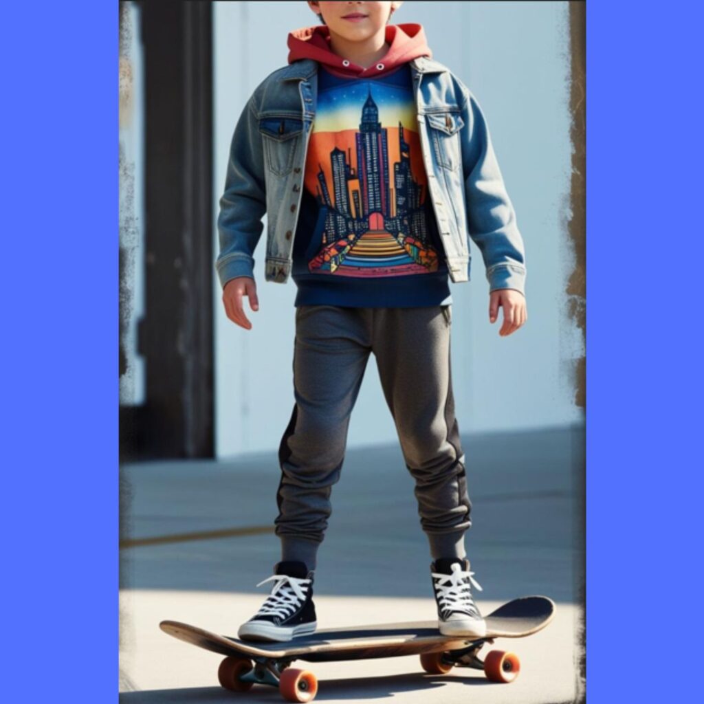 A young boy wearing a denim jacket over a graphic hoodie, paired with joggers and high-top sneakers, standing on a skateboard.