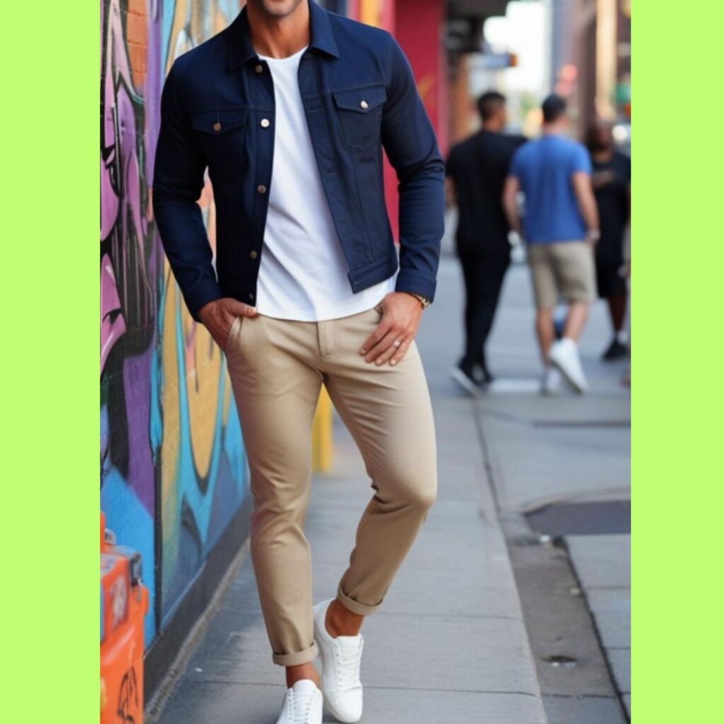 A handsome man wearing a dark blue denim jacket over a white t-shirt, with beige chinos and white sneakers, posing in an urban setting.