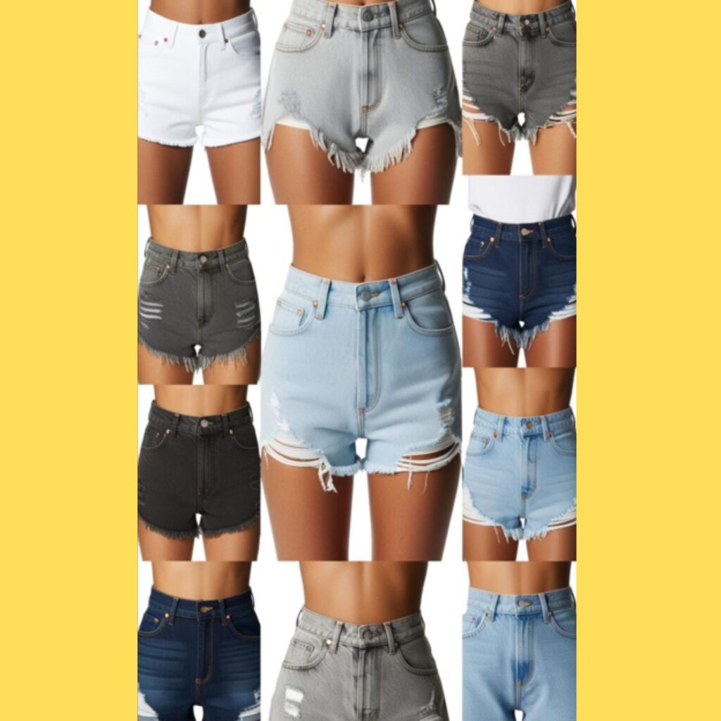 A collage showcasing different washes and cuts of denim shorts, including light wash, dark wash, ripped, and high-waisted.
