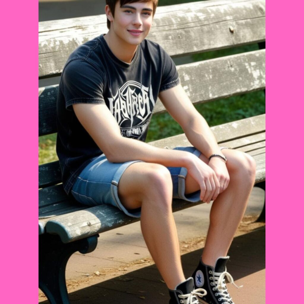 A person wearing medium wash denim shorts, a band t-shirt, and high-top sneakers, sitting on a park bench.