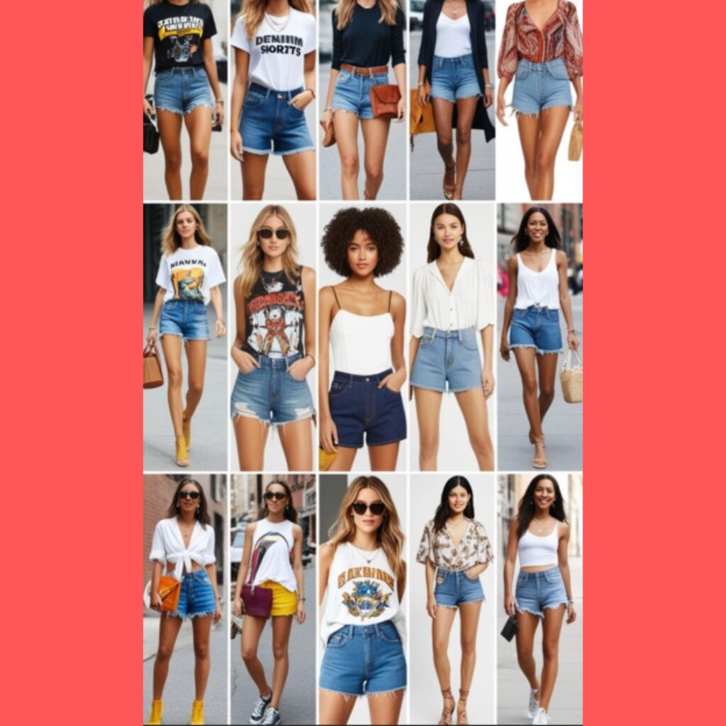 A compilation of street style photos featuring different denim shorts outfits.
