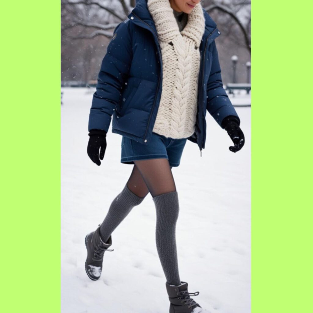 A person wearing denim shorts over tights, a chunky knit sweater, and a puffer jacket, walking in the snow.