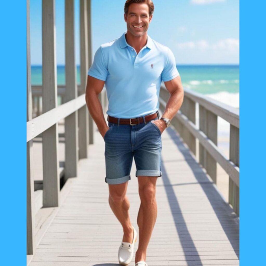 A handsome man wearing denim shorts, a polo shirt, and boat shoes, walking along a boardwalk.