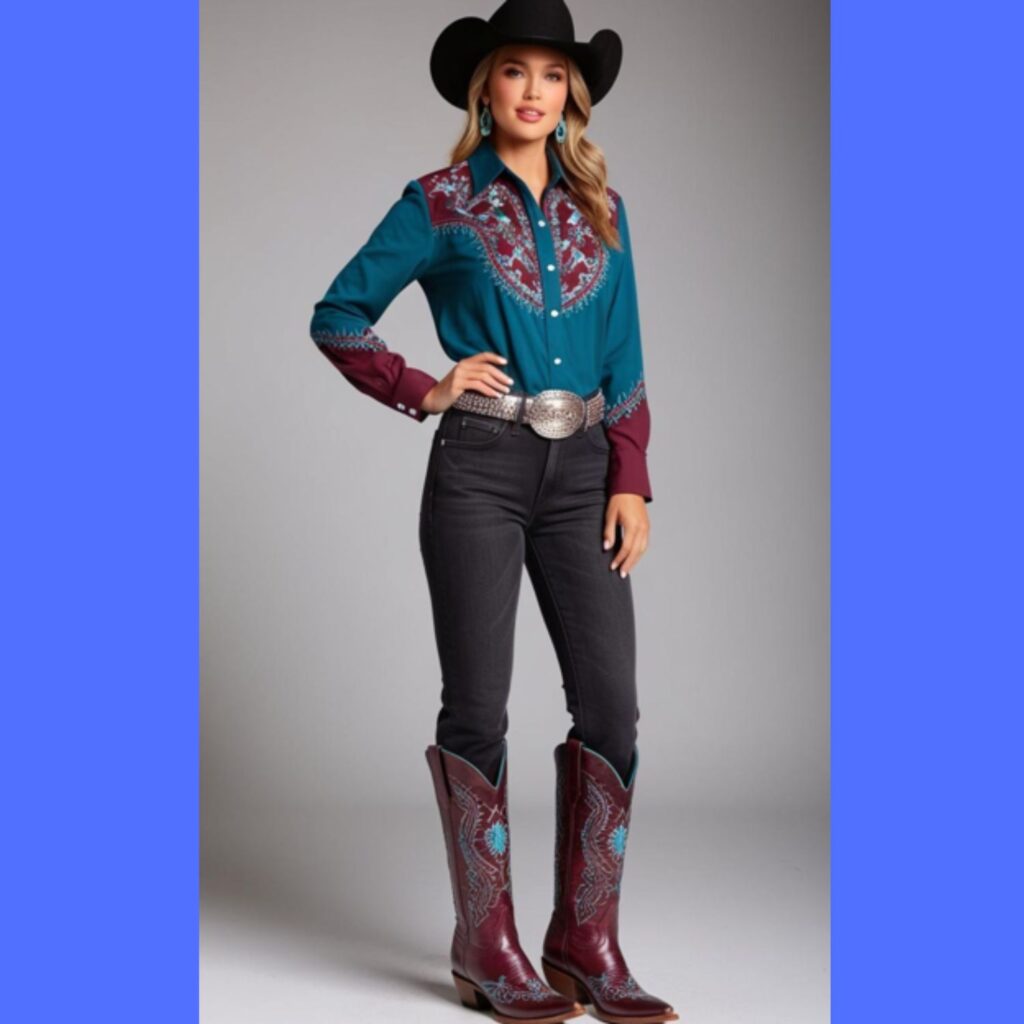 A more dressed-up cowgirl-inspired outfit featuring embellished cowboy boots, dark-wash jeans, a stylish blouse with some detail, and perhaps a statement belt.