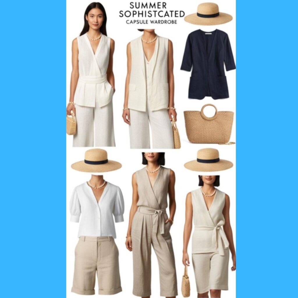 Classic and sophisticated summer capsule wardrobe outfits with an "old money" aesthetic, featuring neutral tones, high-quality fabrics like linen and silk, and timeless accessories.