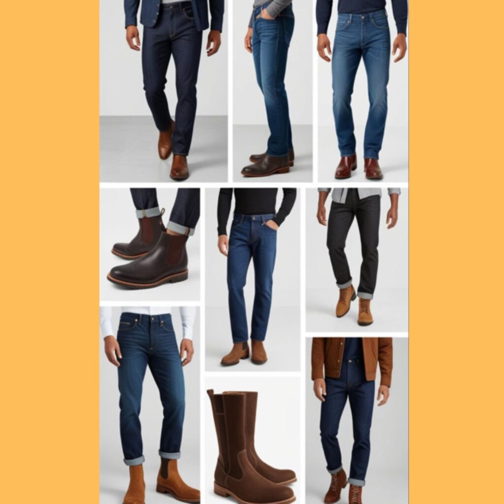 Several examples of men's boots and jeans outfits, showcasing different combinations of boots (work boots, Chelsea boots, chukka boots) with various jean styles (straight, relaxed, slim).