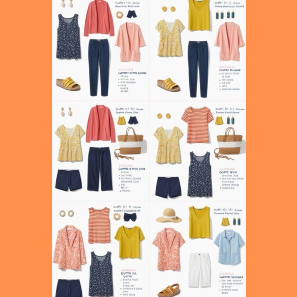 A visual guide showing various outfit combinations that can be created from a limited summer capsule wardrobe, demonstrating the versatility of each piece