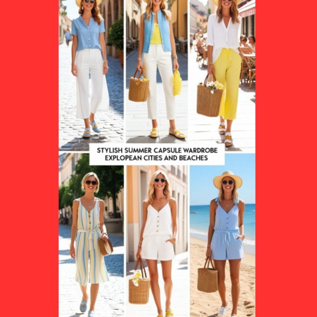 Stylish summer capsule wardrobe outfits suitable for exploring European cities and beaches, incorporating comfortable walking shoes and chic accessories.