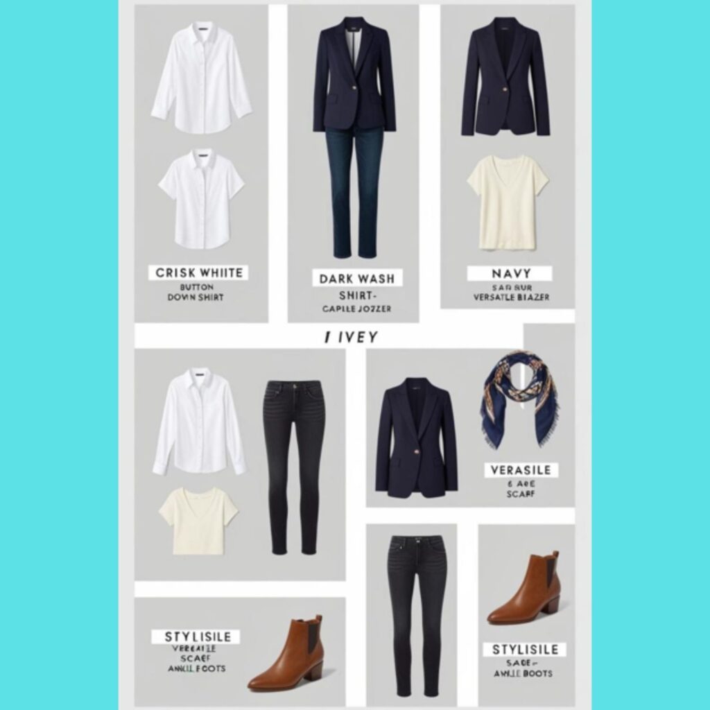 A visual guide showcasing different outfit combinations that can be created from a limited set of capsule wardrobe items.