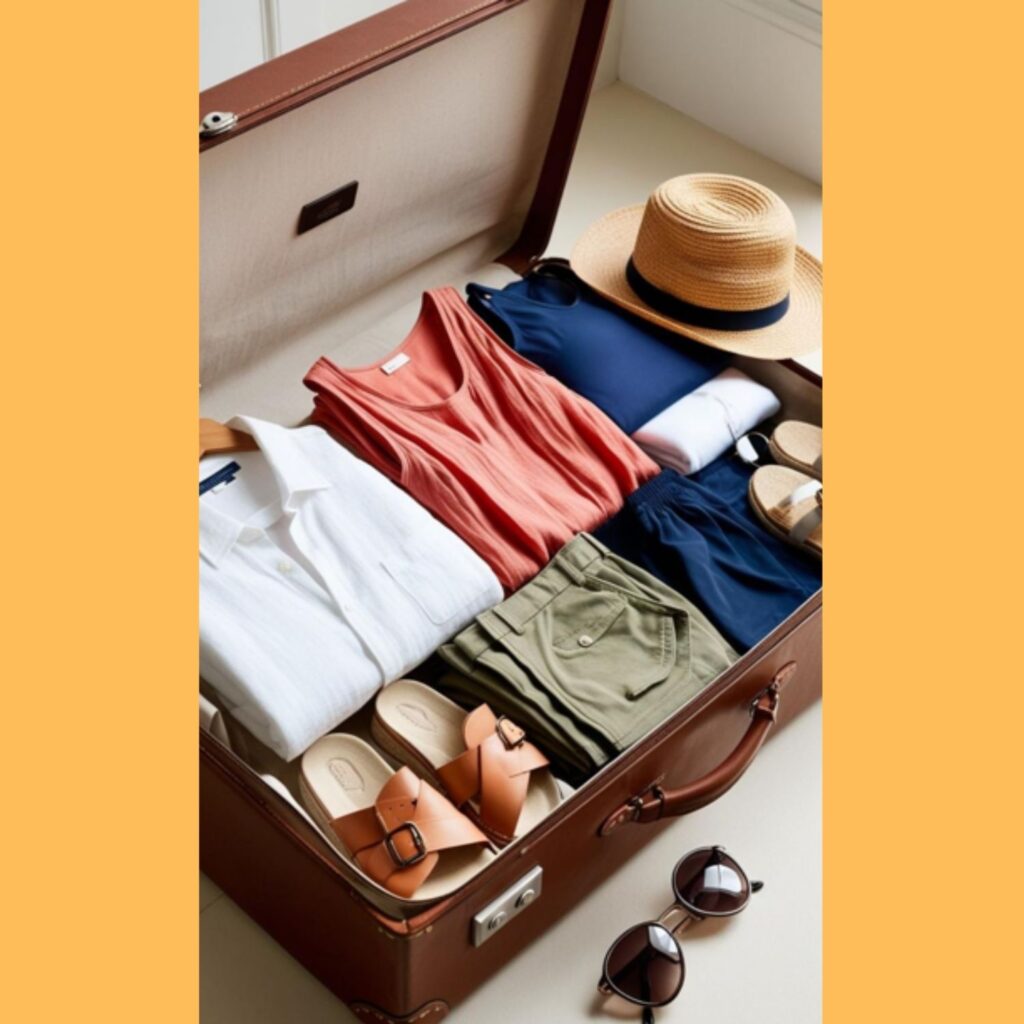 A collection of essential summer capsule wardrobe items laid out, including a linen shirt, denim shorts, a sundress, and a straw hat.