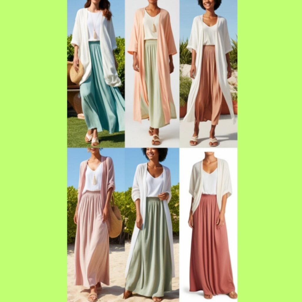 Modest and stylish summer capsule wardrobe outfits featuring long skirts or dresses, loose-fitting tops, and lightweight cardigans.