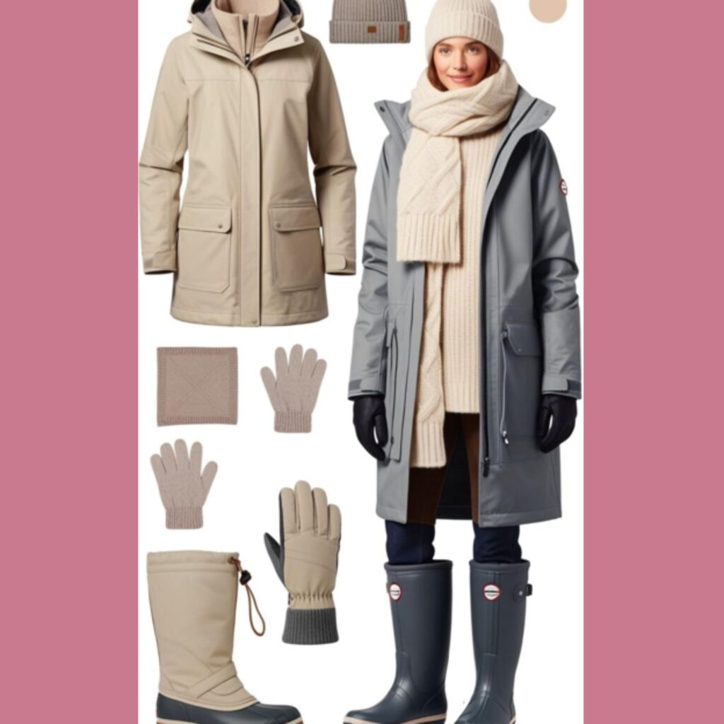 Stylish winter essentials: Layering, waterproof boots, cozy accessories, and a versatile color palette from neutrals to plain.