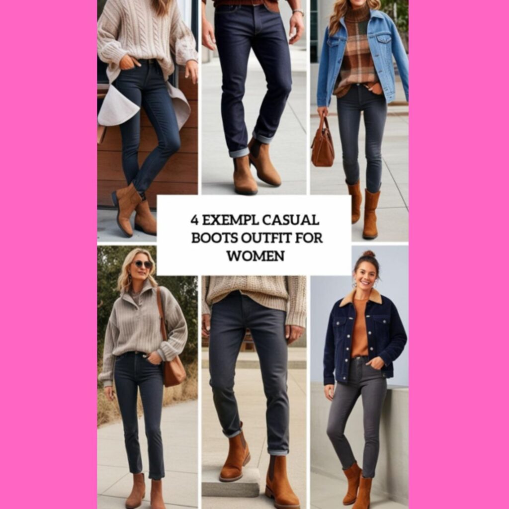 Several examples of casual boots outfits for both men and women, featuring comfortable boots paired with jeans, sweaters, and casual jackets.
