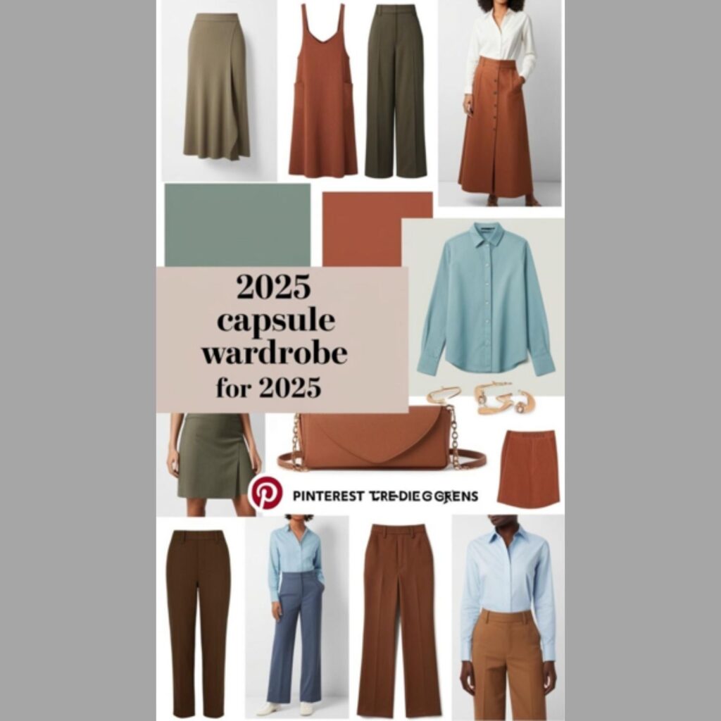 A mood board showcasing potential capsule wardrobe pieces for 2025, incorporating the Pinterest trending colors and classic silhouettes.