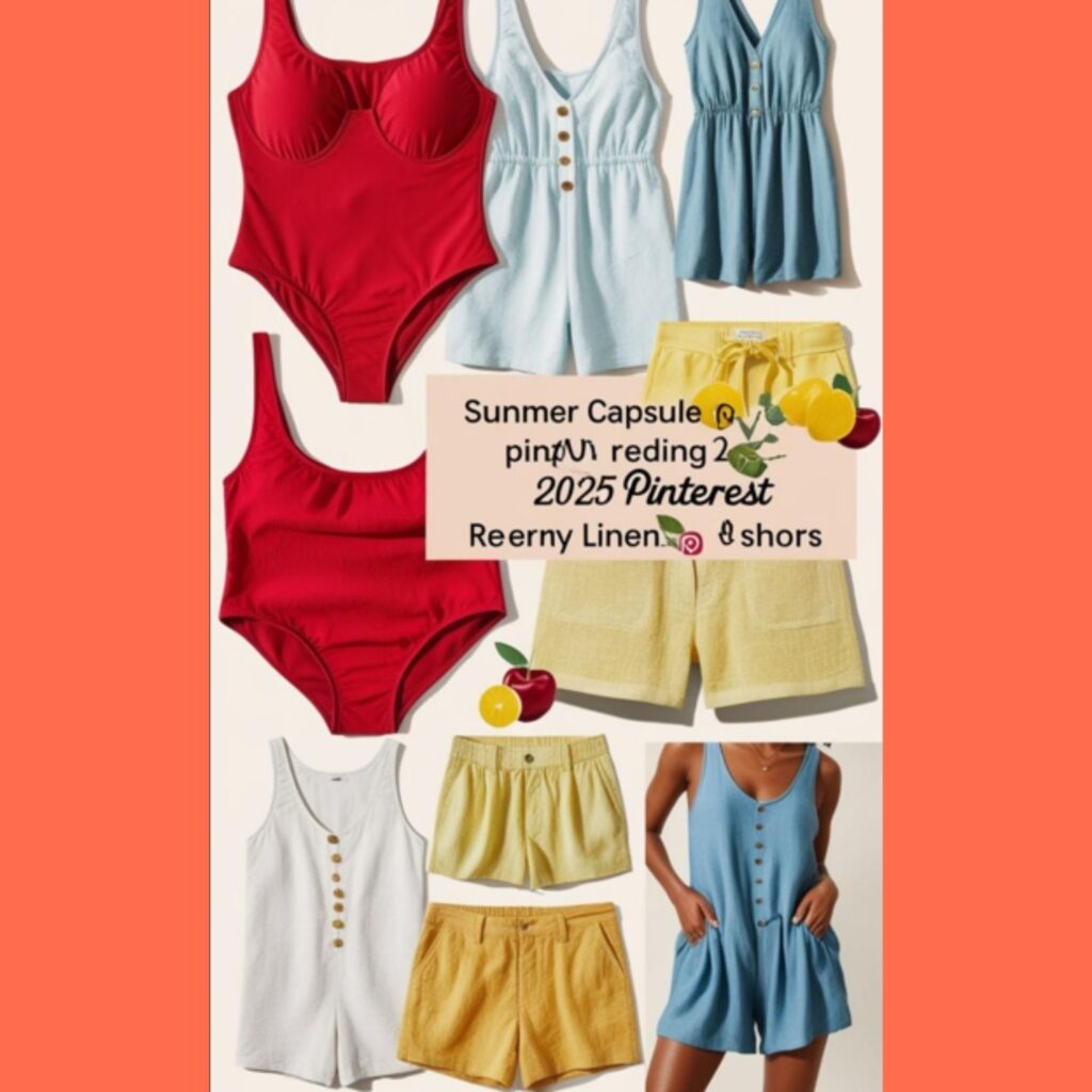 A collection of essential summer capsule wardrobe items laid out, including a linen shirt, denim shorts, a sundress, and a straw hat.