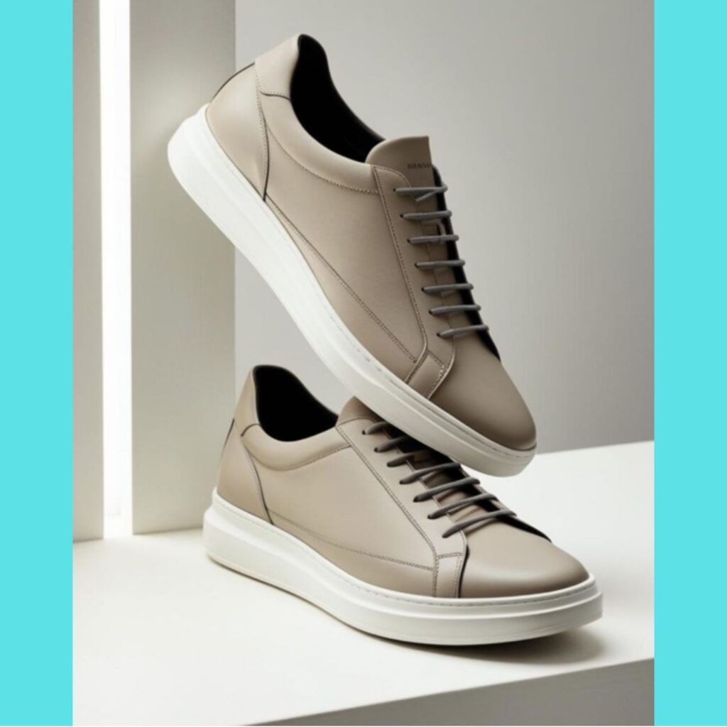 Minimalist men's sneakers displayed, clean lines and neutral colors, showcasing versatility and effortless style in menswear.