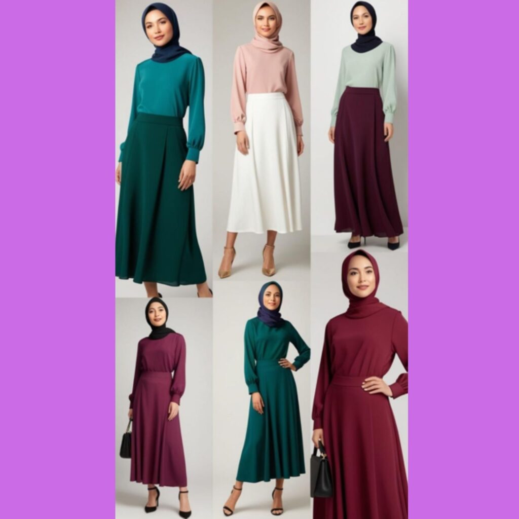 Stylish and modest capsule wardrobe outfits suitable for hijab-wearing individuals, featuring long skirts, modest tops, and coordinating hijabs.