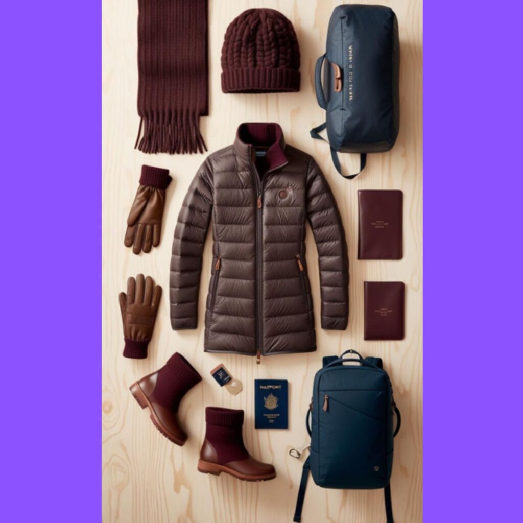 A travel-themed flat lay featuring winter capsule wardrobe items and travel accessories, referencing popular styles from the 2023/2024 winter season.