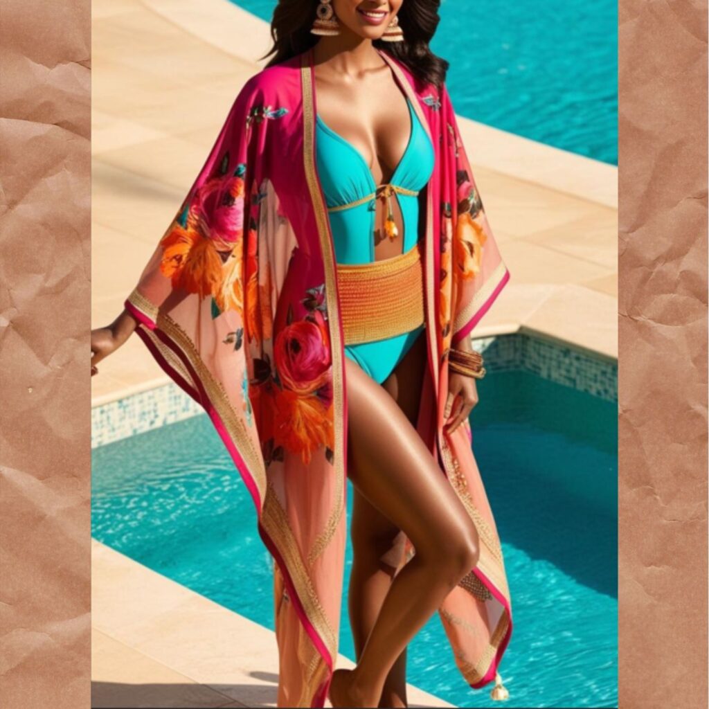 A lovely woman in a floral kaftan over a vibrant swimsuit, adorned with traditional Indian earrings, standing near a luxurious pool.