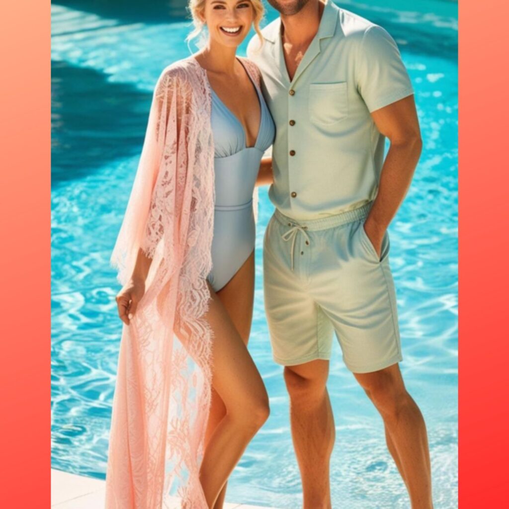 A newlywed couple in matching pastel swimwear, with the bride in a lace cover-up and the groom in linen shorts, posing by the poolside.