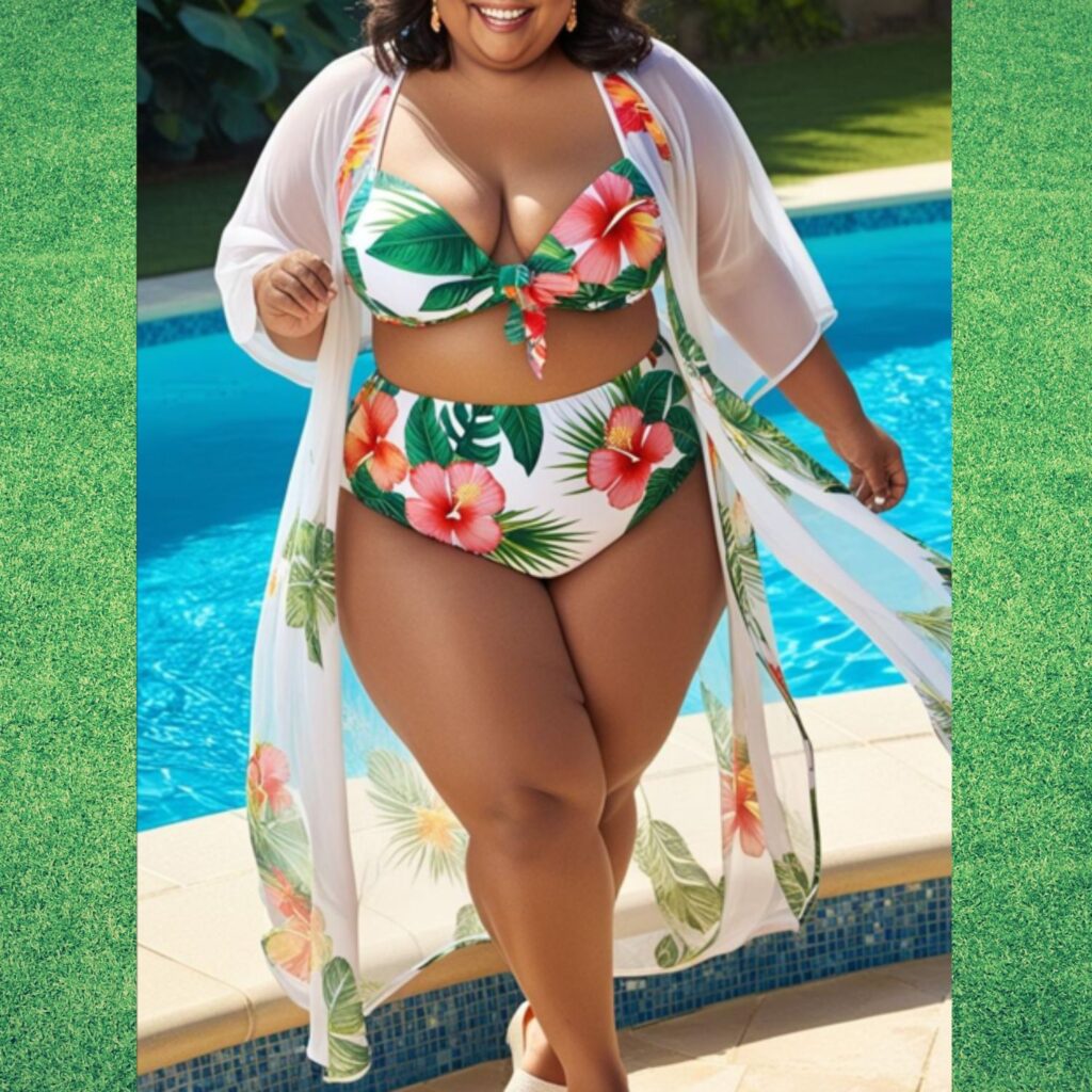 A plus-size woman in a high-waisted floral bikini with a sheer cover-up and stylish sandals, smiling by the pool.