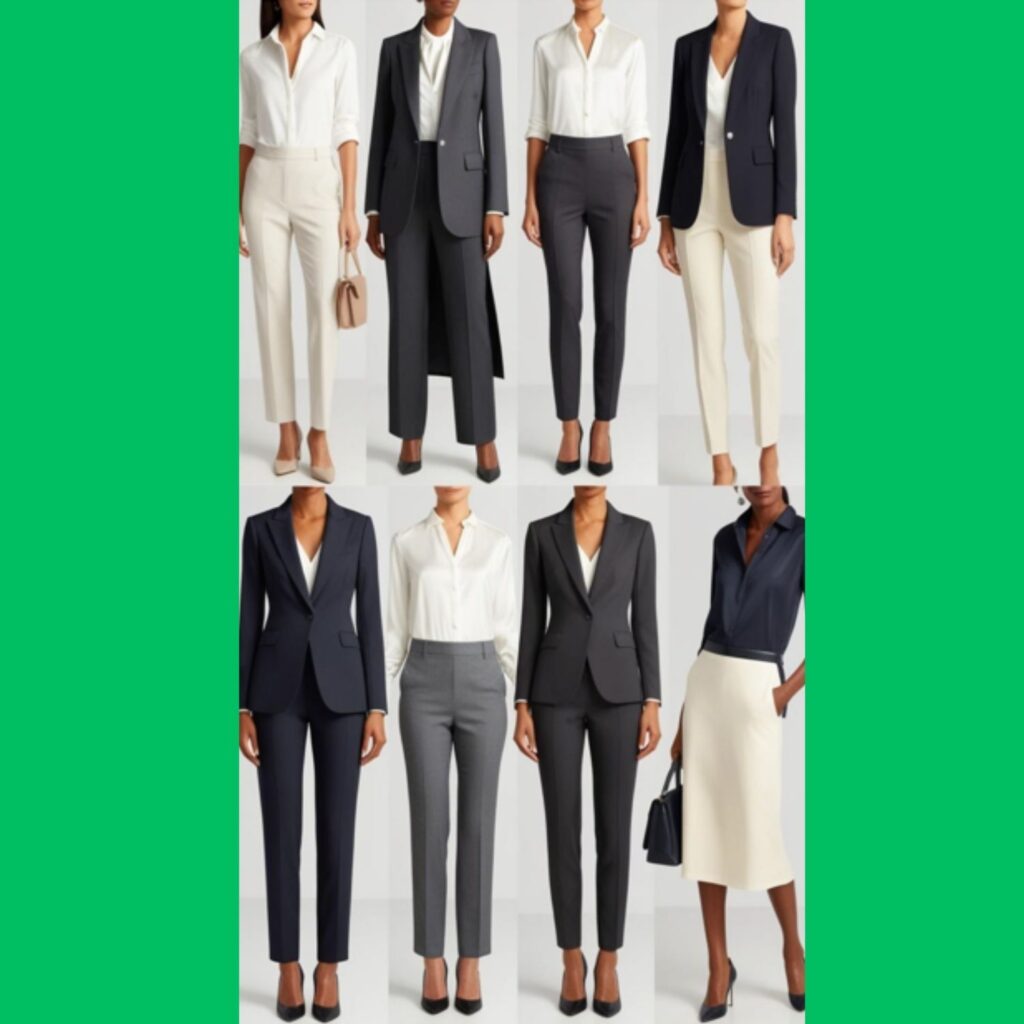 Several stylish and professional capsule wardrobe outfits suitable for the workplace, featuring blazers, tailored trousers, blouses, and versatile dresses.