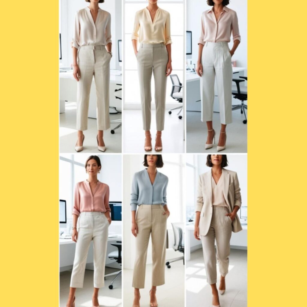 Examples of chic and professional summer work capsule wardrobe outfits, featuring lightweight blouses, tailored trousers or skirts, and a light blazer