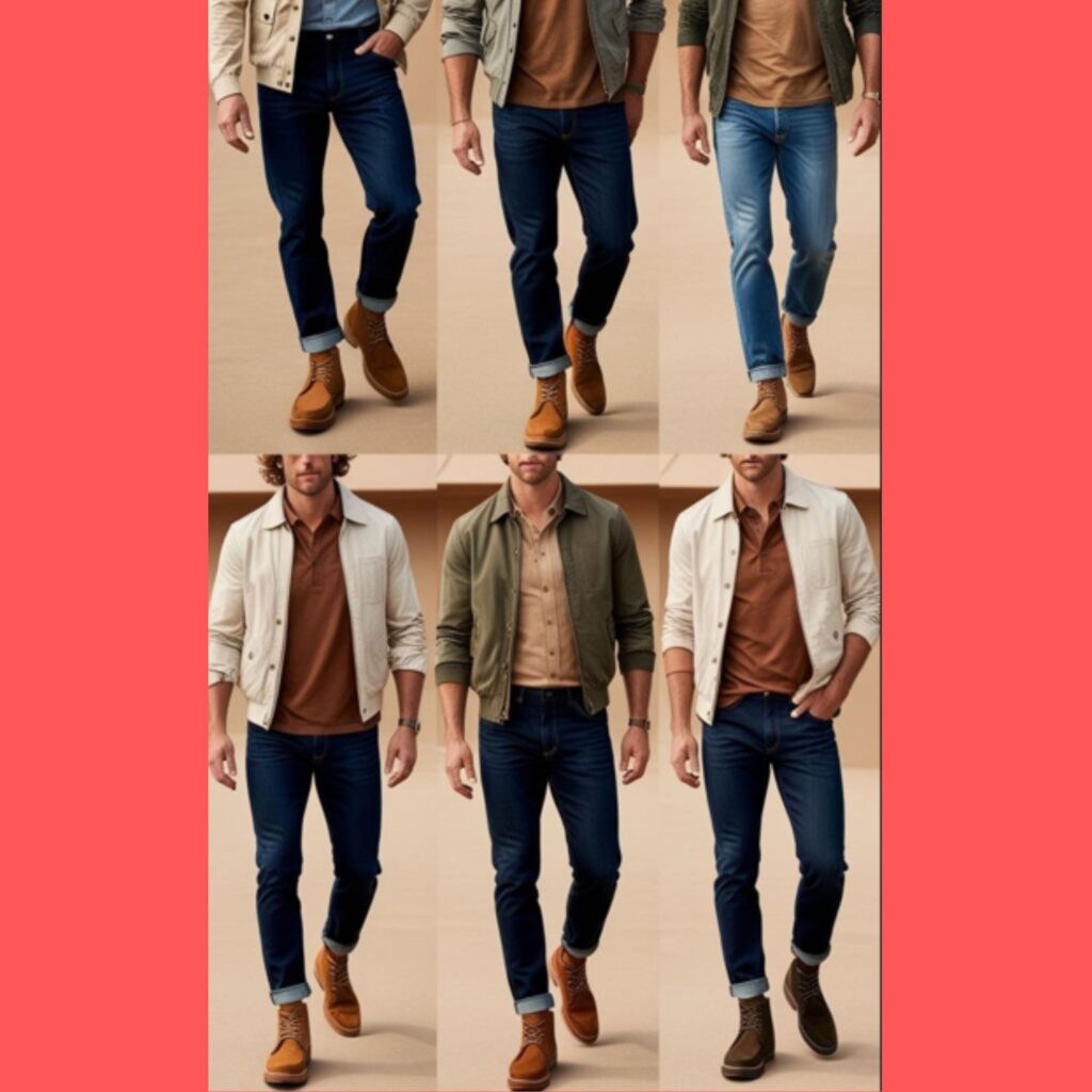 Men showcasing casual boots outfits featuring comfortable boots like chukka boots or moc-toe boots paired with jeans, casual shirts, and light jackets.