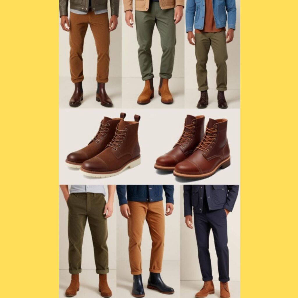 Several examples of men's boots outfits, showcasing different boot styles (Chelsea boots, work boots, chukka boots) paired with various trousers and jackets.
