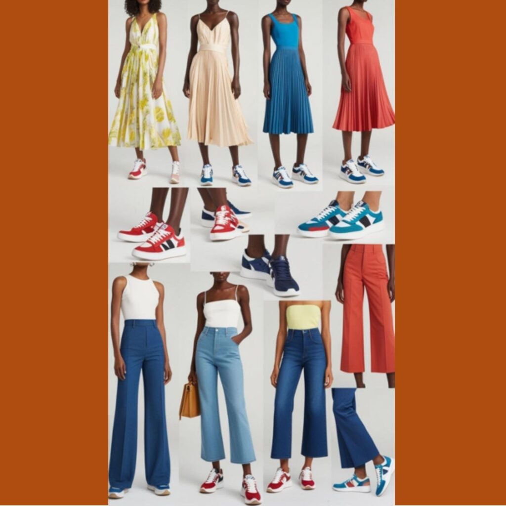 A variety of stylish sneaker fashion outfits, showcasing pairings with dresses, skirts, jeans, and tailored pants, highlighting chic and effortless style.