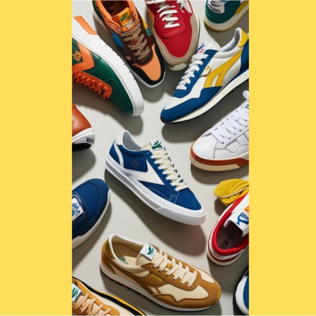 A collection of classic sneakers, reminiscent of 70s, 80s, and 90s designs, showcasing reissued iconic models and fresh takes on retro silhouettes.