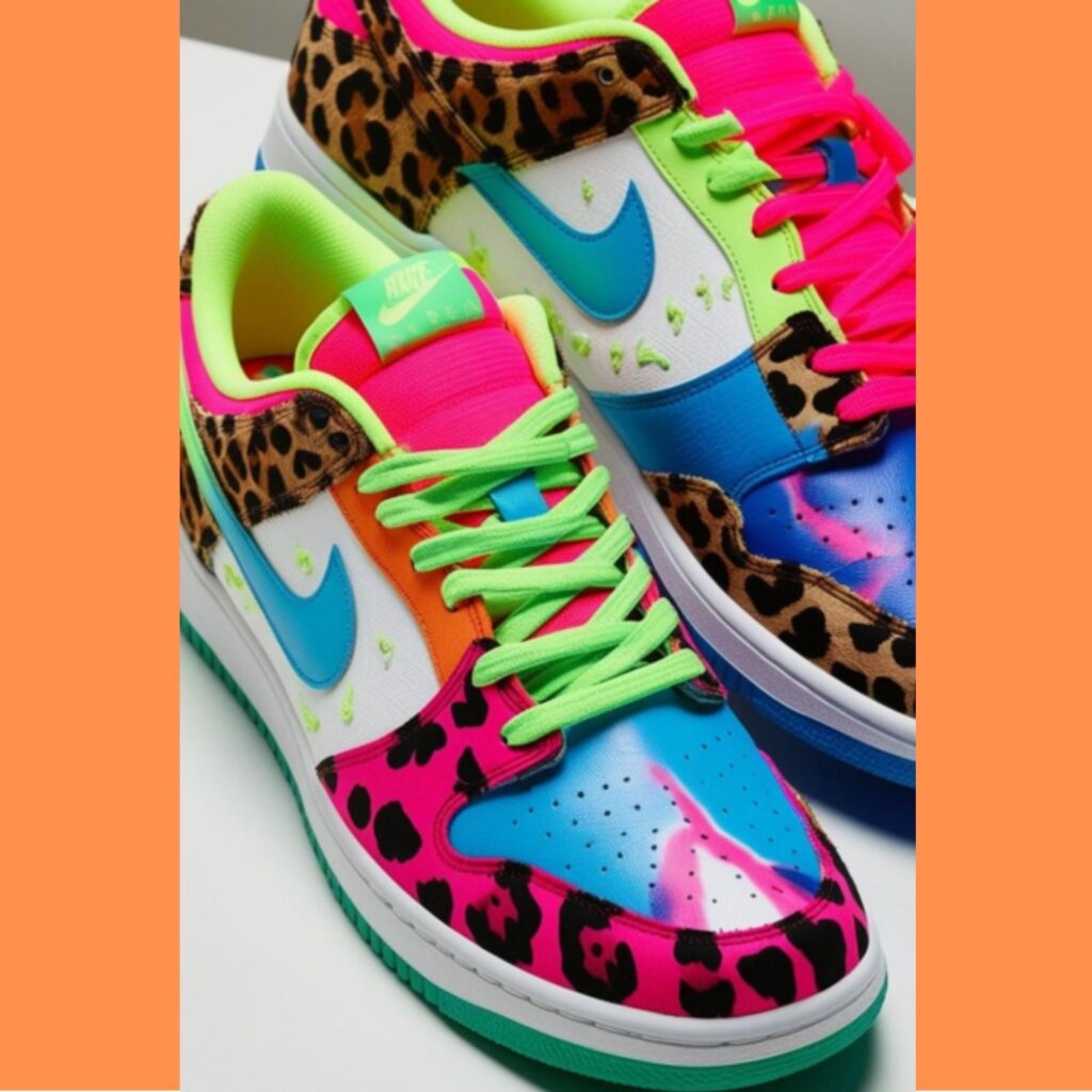 Brightly colored and patterned sneakers, including neon hues, animal prints, and tie-dye effects, showcasing a vibrant explosion of self-expression in footwear.