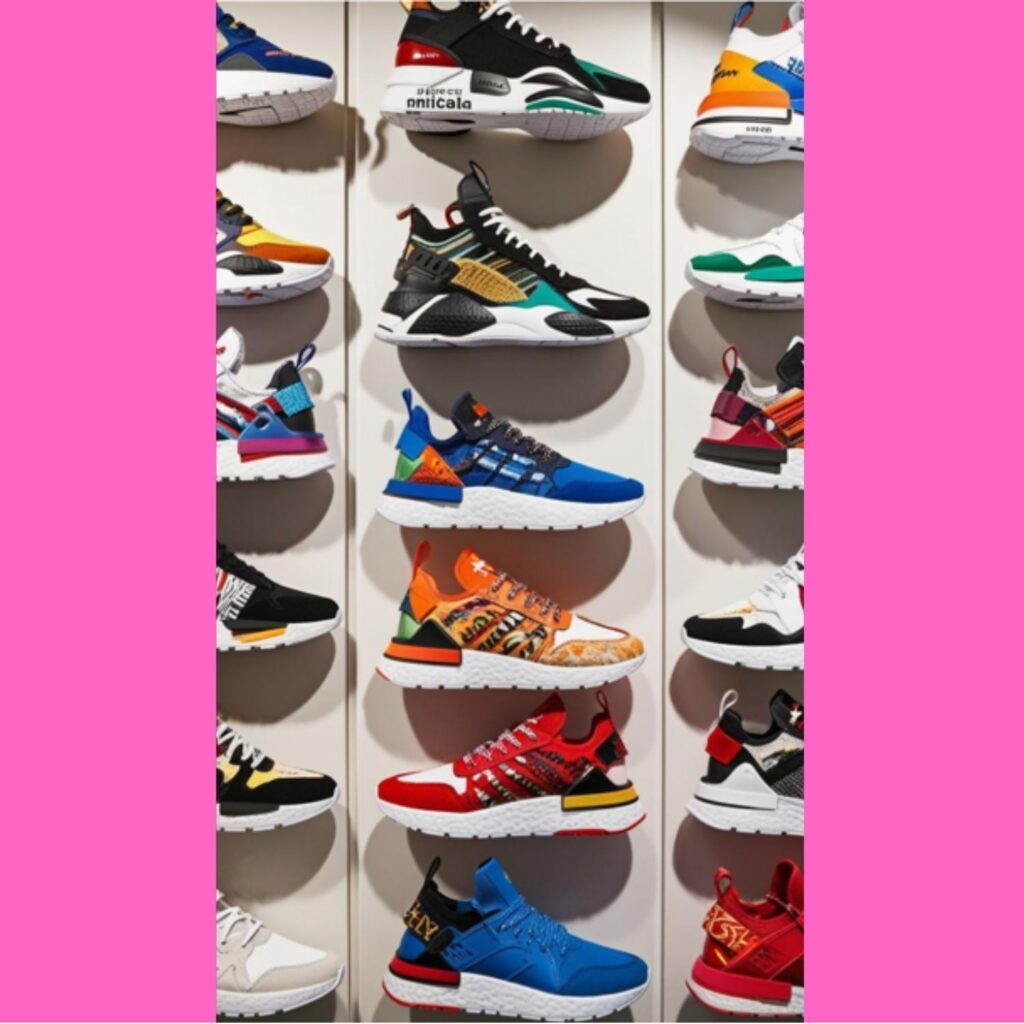 A display of collaborative sneakers, showcasing designs from brands and renowned designers, artists, and celebrities, highlighting innovation and exclusivity.