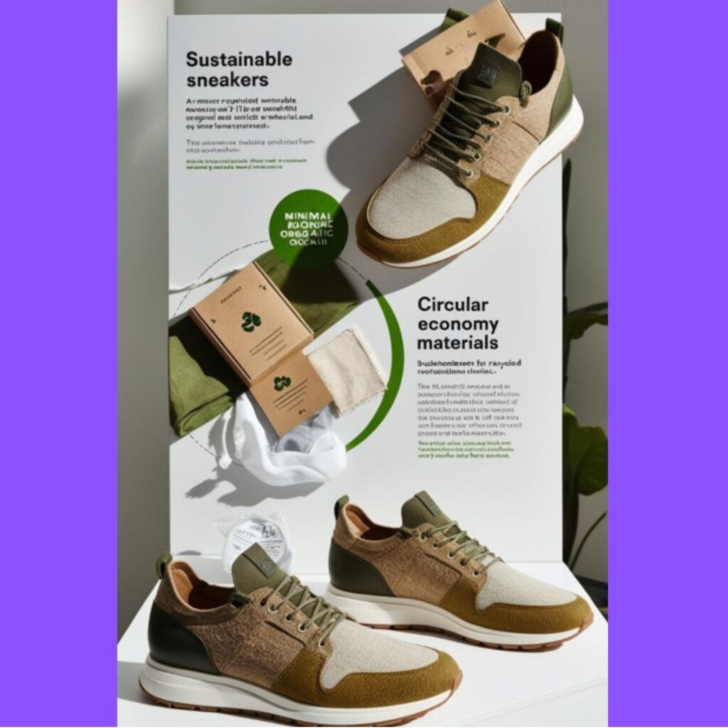 A display emphasizing sustainable sneakers, highlighting eco-friendly materials, ethical production, and circular economy models, reflecting the intensified focus on sustainability in footwear.