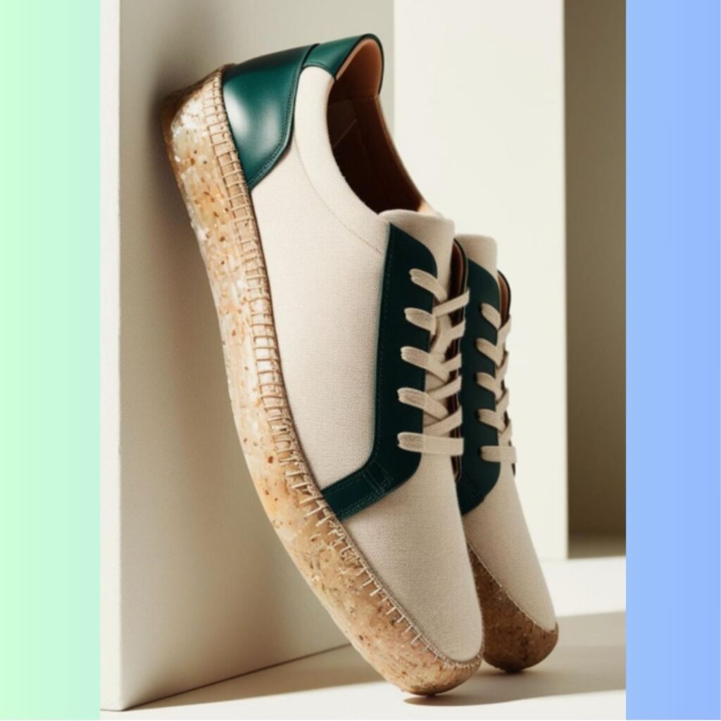 A pair of sneakers made from sustainable materials like recycled plastics, organic cotton, and vegan leather, highlighting eco-conscious footwear choices.