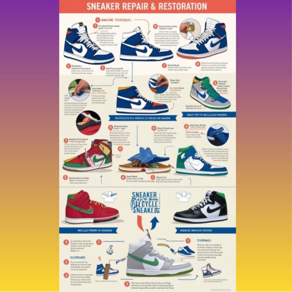 A visual guide to sneaker repair and restoration, alongside examples of donated or recycled sneakers, emphasizing waste reduction and sustainable practices.